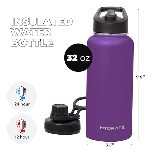 HYDRATE Insulated Stainless Steel Water Bottles 32 oz - Sports Bottles with Strap - Silicone Plastic Gym Drinking Flask - Slim Tumbler with Chug and Straw Lid - Thermal Water Bottle - Dark Purple