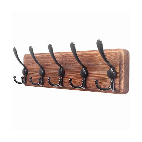Dseap Coat Rack Wall Mounted - 5 Tri Hooks, Heavy Duty, Wooden Wall Coat Hanger Coat Hook for Clothes Hat Jacket Clothing, Natural & Black