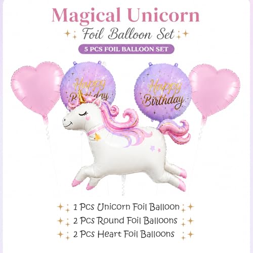 Image of Rozi Decoration Magical Unicorn Foil Balloon Set with Happy Birthday Round Balloons & Heart Balloons, 5 Pcs Birthday Decoration Kit for Kids Party, Unicorn Theme Celebration