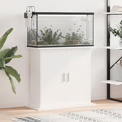 Homgoday Aquariumständer mit 4 Fächer mit Türen Aquarienschrank Aquarium Unterschrank Aquarium Tisch Aquarienunterschrank Terrarium Schrank Weiß 81x36x73 cm Holzwerkstoff