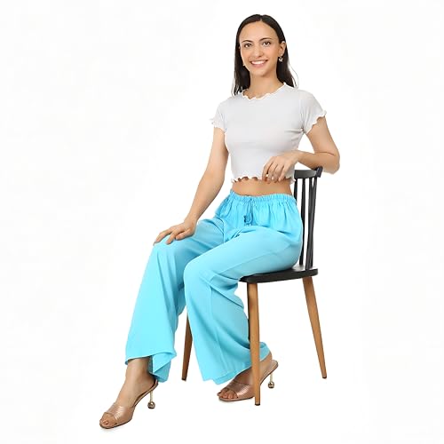 Image of Women's Rayon Palazzo Pants | Solid Color Wide Leg Trousers in 18 Shades | Elastic Waist Casual Bottoms XS-7XL | Comfortable