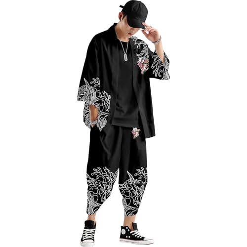 Image of DOSLAVIDA Men's Japanese Kimono Jacket Set Stylish Open Front Coat With Shorts Chinese Style Printed Cardigan Suit