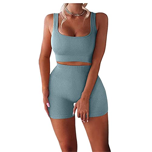 Fato de treino feminino sem costuras para ioga com 2 peças e nervuras leggings de cintura alta short