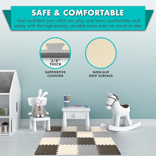 Image of ProSource Baby Play Mat, Soft Foam Floor Tiles for Kids, Interlocking EVA Panels for Playpen Use, Crawling Development Surface, Safe Non-Toxic Toddler Flooring, 16 Tiles, Brown /Beige /Gray