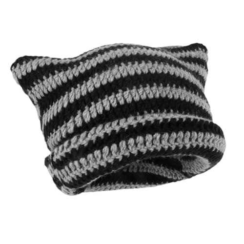 Sophisticate Y2k Cat Beanie Divertido Sombrero con Orejas Crochet Sombrero de Gato Vintage Gorro de Gato Y2k Hat Unisex（Negro y Gris）