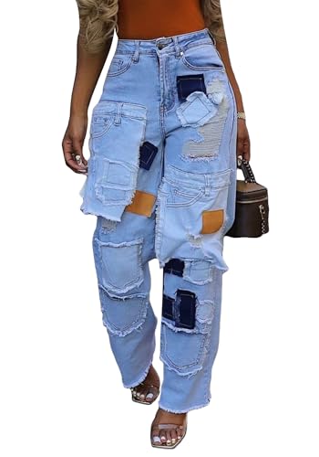 Womens Baggy Patchwork Ripped Jeans High Waisted Straight Wide Leg Raw Hem Trendy Denim Pants Streetwear