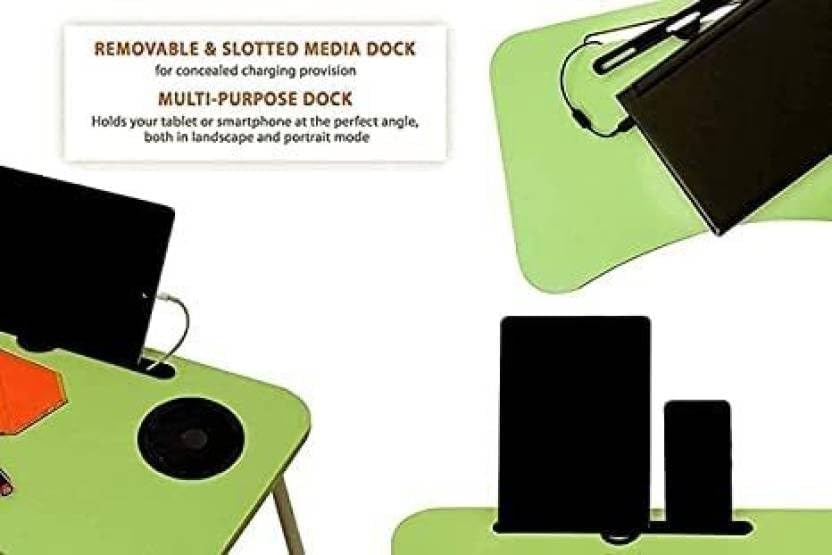 Image of YAJNAS Wooden Multipurpose Foldable Laptop Table with Cup & Tab Holder | Modern Green Study, Breakfast, Reading Table | 59x38x5 CM