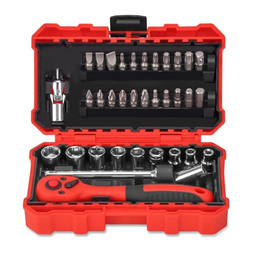 HAKUWI Conjunto de 35 chaves catraca com soquete de 1/10.2 cm, mini chave de catraca com conjunto de