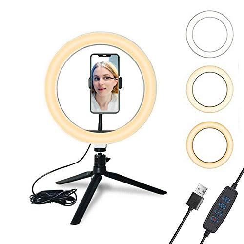 Huaze 10 Selfie Ring Light with Tripod Stand & Cell Phone Holder for Live Stream/Makeup, Mini Led Camera Ringlight for YouTube Video/Photography