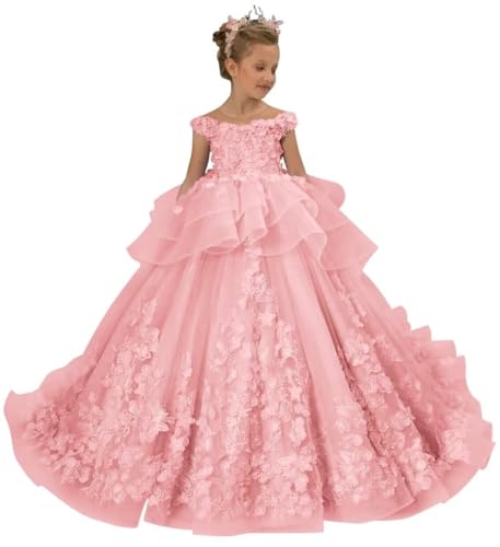 Flower Girl Dress for Wedding 3D Applique Tulle Princess Pageant Dreses Girls Birthday Tutu Ball Gowns HRK18