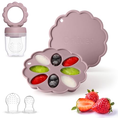 Image of Silicone Baby Fruit Food Feeder Breastmilk Popsicle Molds Set, Baby Food Freezer Tray for Cooling Teething Relief, Food Feeder for Safe Infant Self Feeding, Includes 6 Extra Food Pacifier