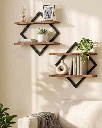 CHOEZON Estanterías Flotantes de Pared, Juego de Estantes de 2 Piezas, Estantes de 2 Niveles, para Sala de Estar, Dormitorio, Cocina, Oficina, Estudio, Marrón Vintage y Negro DTBJ01P2BF