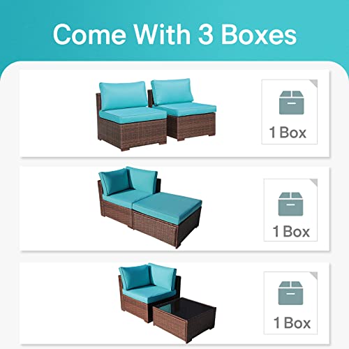 Oc Orange-Casual 6-Piece Outdoor Patio Sectional Sofa Set Brown Wicker Furniture Set With Turquoise Seat Cushions & Tempered Glass Coffee Table #TOP5