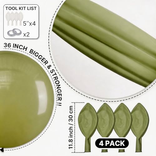 Image of PartyWoo Sage Green Balloons 4pcs 36 Inch Olive Boho Green Latex Helium Balloons for Birthday Baby Shower Graduation Wedding Dinosaur Jungle Golf Football Baseball Theme Party Decorations Green-F11