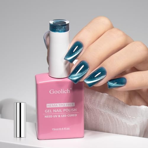 Goolich Smalto Semipermanente Unghie Cat Eye, 15 ML Senza HEMA e TPO Cat Eye Gel Polish Blu Turchese Glitter Scintillante Magnetico con Magnete per Unghie soak off UV LED