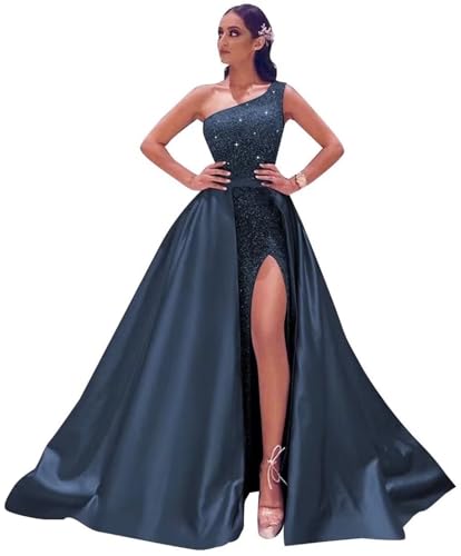 One Shoulder Sequin Prom Dresses Satin Ball Gown with Slit Detachable Evening Party Dress