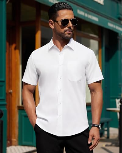 Image of Alimens & Gentle Men's Short Sleeve Dress Shirts Wrinkle Free Untucked Casual Button Down Shirt