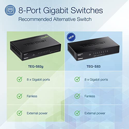 Trendnet 8-Port Gigabit Greennet Switch, Ethernet Network Switch, 8 X 10-100-1000 Mbps Gigabit Ethernet Ports, 16 Gbps Switching Capacity, Metal, Lifetime Protection, Black, Teg-S82G #TOP1