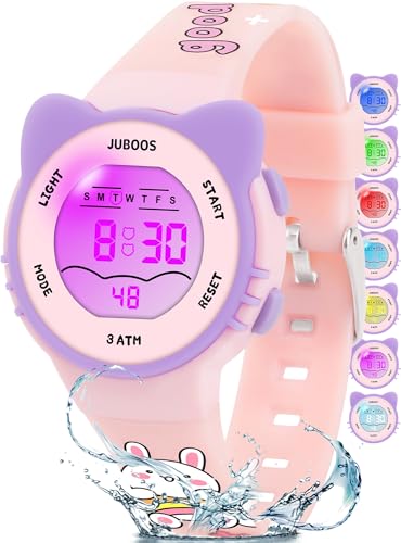 Juboos Kid's Digital Watch for Boys and Girls, Cat Waterproof LCD Digital Sports Kids Watch with 7 Color LED Lights, Stopwatch, Alarm