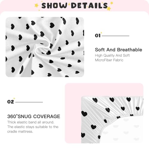Image of Black Heart Polka Dots White Fitted Crib Sheets Stretchy Portable Playard Sheets for Baby Toddler, Breathable Soft Mini Crib Mattress 52 x 28 in for Boys and Girls