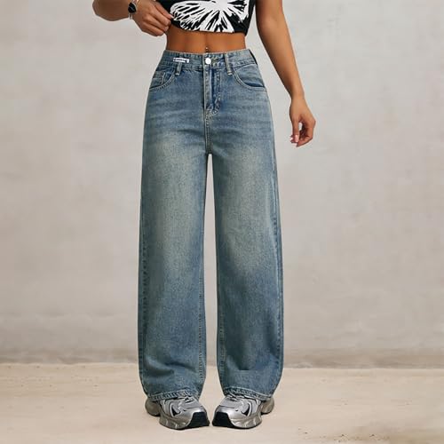 Womens Straight Leg High Waisted Jeans Wide Leg Drawstring Stretchy Denim Pants with Pockets Casual Baggy Retro Jeans2