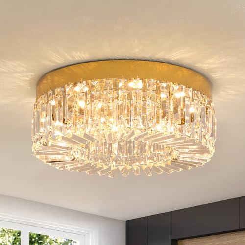 VETRULUS Crystal Chandelier 50CM Gold Semi Flush Mount Ceiling Light Fixture Modern Chandeliers for Dining Room Living Room Bedroom