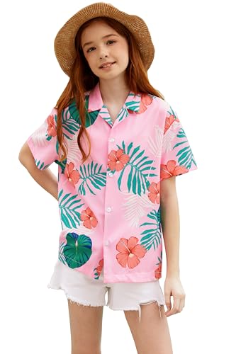 Betusline Girl's Button Down Beach Shirts Hawaiian Shirt Floral Tropical Blouse Short Sleeve for Girl, H Pink #1, 4-5T= Tag 120