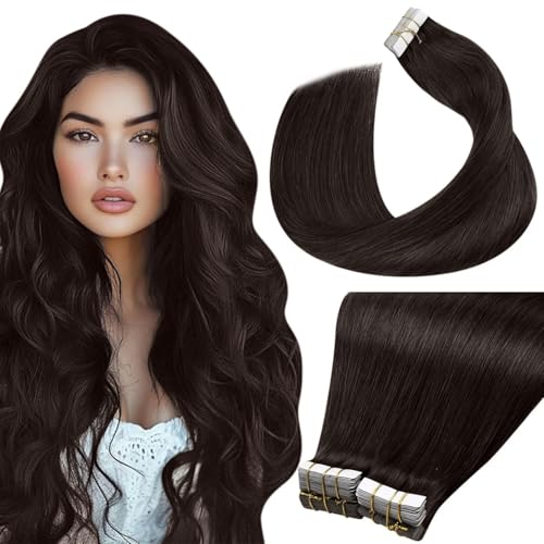 Image of LaaVoo Tape in Extensions Darkest Brown Hair Extensions Tape in Real Human Hair Tape on Hair Extension Human Hair Seamless Brown 18inch 40pcs 80g