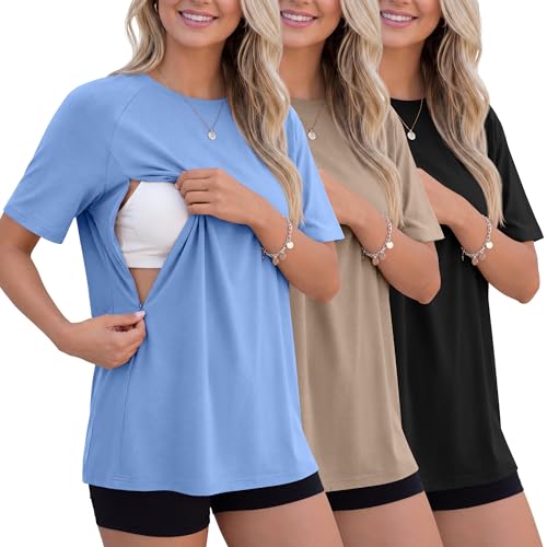 Sweetyweee 3 Pack Womens Oversized Nursing Tops for Breastfeeding with Hidden Zippers Loose Fit Short Sleeve Maternity Tops(Sky Blue Light Khaki Black X-Large)