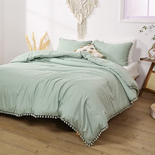 Smoofy Sage Green Comforter Set Twin Size Pom Fringe Boho Chic Cute Ball Pom Bedding Set Cali Soft Warm Vintage Lightweight Solid Comforter 2 Pieces (1 Pom Comforter, Only 1 Pillowcase) #TOP1
