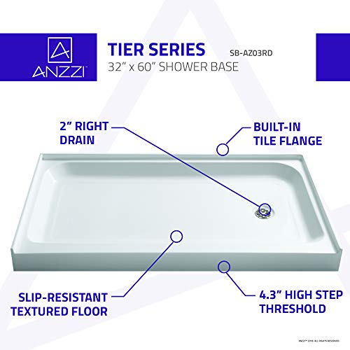 Anzzi Tier 60" X 32" Single Threshold Rectangluar Right Drain Location Shower Base In Glossy White, Marine Grade Acrylic And High Yield Fiberglass, Integrated Slip Resistant, Sb-Az03Rd #TOP3