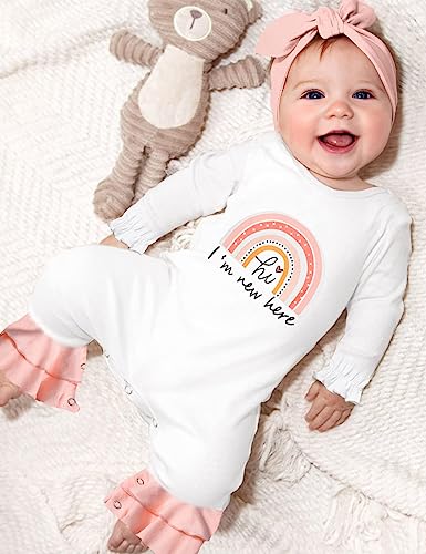 Agapeng 0-3 Months Baby Girl Clothes Baby Girl Outfits 0-3 Months Baby Girl Onesies Boho Hi I'm New Here Romper Baby Girl Outfit Rainbow Bell Bottom Jumpsuit Coming Home Outfit With Headband Hat #TOP2