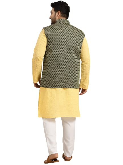 Image of SOJANYA (Since 1958) Men's Silk Blend Dark Green Kurta & Silk Blend Nehrujacket With Off White Churidar Pyjama Set