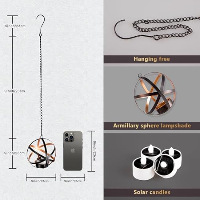 Solar Lanterns Outdoor Waterproof, 4 Pack Hanging Tea Lights with Candle Holder, Small Solar Chandelier for Trees, Patio, Backyard, Garden, Porch, Balcony Decorative (Armillary)