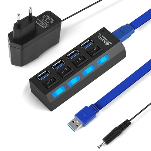 OFFCUP USB Hub 4 Port mit Netzteil USB Verteiler USB Hub Aktiv 3.0+2.0 mit Einzelnen Schaltern und LED Anzeige, Plug & Play, f&uuml;r Laptop PC, MacBook nd weitere USB Ger&auml;te