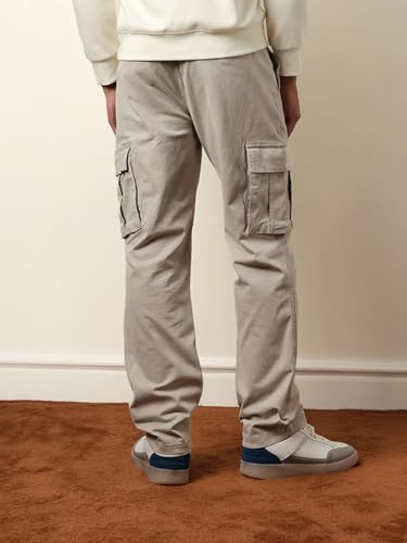 Image of Vogaan Men Solid Relaxed Fit Cotton Blend Cargo Trousers with Utility Pocket
