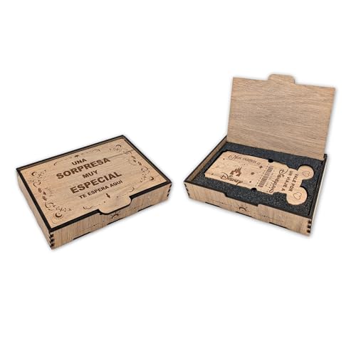 Caja Sorpresa Viaje Disney | Llave Disney Personalizada en Madera | Tarjeta Regalo en Forma de Billete | Anuncio de Viaje a Disneyland | Regalo Personalizado Comunión (Roble, Sin Personalizar)