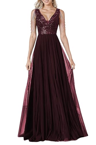HOMEYEE Damen Vintage Pailletten Mesh Glitzer V-Ausschnitt Party Ballkleid Sexy Rückenfrei Abendkleider A-Linie Hochzeitskleid A488 (M, Burgund)
