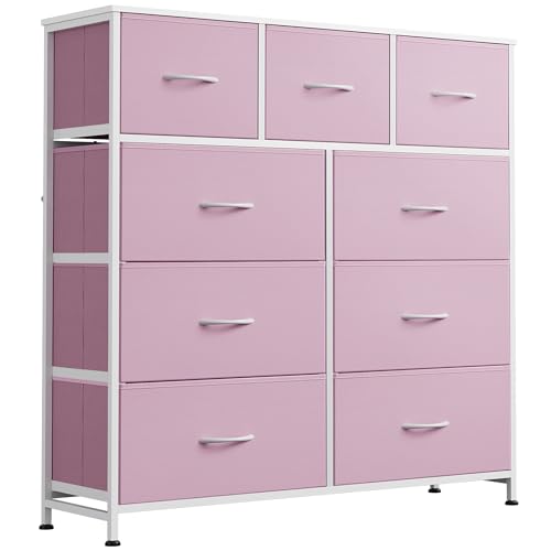 Image of WLIVE 9 Drawer Dresser, Fabric Storage Tower for Bedroom, Hallway, Closet, Tall Chest Organizer Unit for Bedroom with Fabric Bins, Steel Frame, Wood Top, Easy Pull Handle, A-Pink