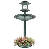LDAILY Outdoor Bird Bath, 42'' Solar Lighted Pedestal Birdbath with Bird Feeder, 20'' Water Bowl, Flower Planters and 3 Stakes, Attract Birds, Antique Finish