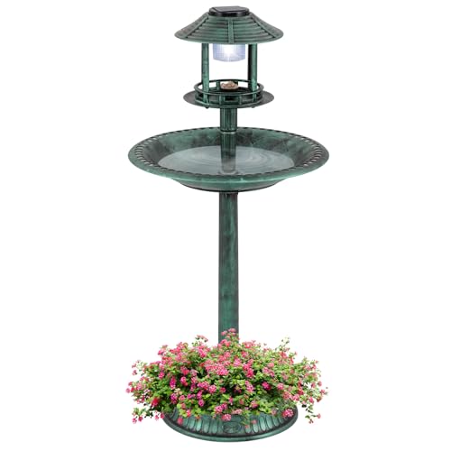 LDAILY Outdoor Bird Bath, 42'' Solar Lighted Pedestal Birdbath with Bird Feeder, 20'' Water Bowl, Flower Planters and 3 Stakes, Attract Birds, Antique Finish