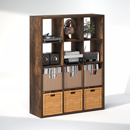 Image of Furinno Cubicle Record Player Stand, 12-Cube Record Storage, Amber Pine | Vinyl Storage, 1.2 inchInch Extra Thick, Open Back Media Shelf for CD DVD Bluray Game Disc, for Living Room, Home Office