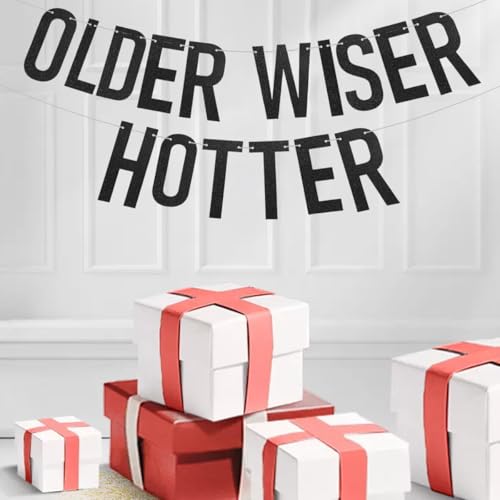 Cadimus Schwarz Glitzer Geburtstags Girlande,Older Wiser Hotter,Deko Geburtstag Banner Frau Mann,Lustige Geburtstaggirlanden zum 40, 50, 60, 70 und 80,Lustige Papierbanner Erwachsene