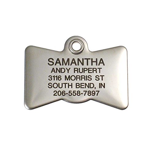 LuckyPet Pet ID Tag - Stainless Steel Bowtie - Custom Engraved Dog & cat ID Tags. Pet Safety tag has Reflective Sticker on Back. Size: Medium