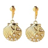Aloha Earrings Non Pierced Gold Tone Clip On Beach Dangling Earrings (Simulated Pearl Shells)
