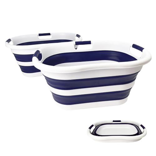 Image of SAMMART 40L (10.5 gallon) Set of 2 Collapsible Plastic Laundry Hamper - Foldable Pop Up Storage Container /Organizer - Portable Washing Tub - Space Saving Basket (2, White /Starry Blue)