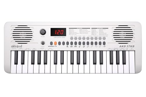Image of Akkord 37 Keys Music Keyboard - White Edition | MIDI USB-C, Touch Response, 200 Rhythms, Tones & 40 Demos, LED Display, Portable Beginner Piano Compatible with GarageBand.