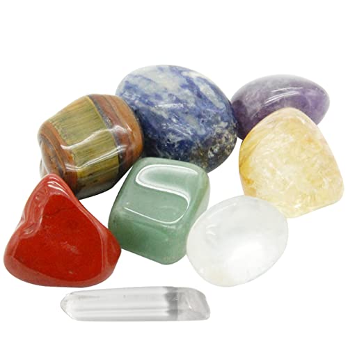 Juego de varita de cuarzo transparente y piedras de 7 chakra de cristal, jaspe rojo, ojo de tigre, cristal citrino, aventurina verde, sodalita, amatista, cuarzo transparente, para meditación Cover