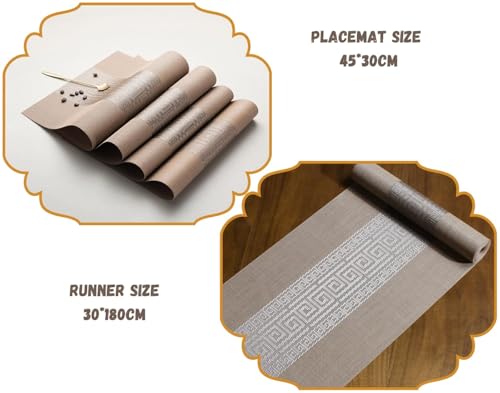 Image of Dining Table Placemats & Runner Set - Heat Resistant, Washable & Stain Resistant Woven Vinyl Mats | Table Runner & 6 Placemats Set for Stylish Dining (45x30 cm Placemats, 180x30 cm Runner)