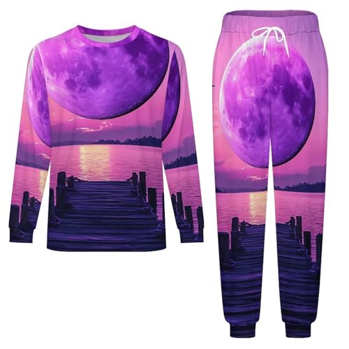 Landscape Bridge Full Moon Pajama Set Long Sleeve Lounge Sets Sleepwear 2 Pjs Nightwear for Men Women3